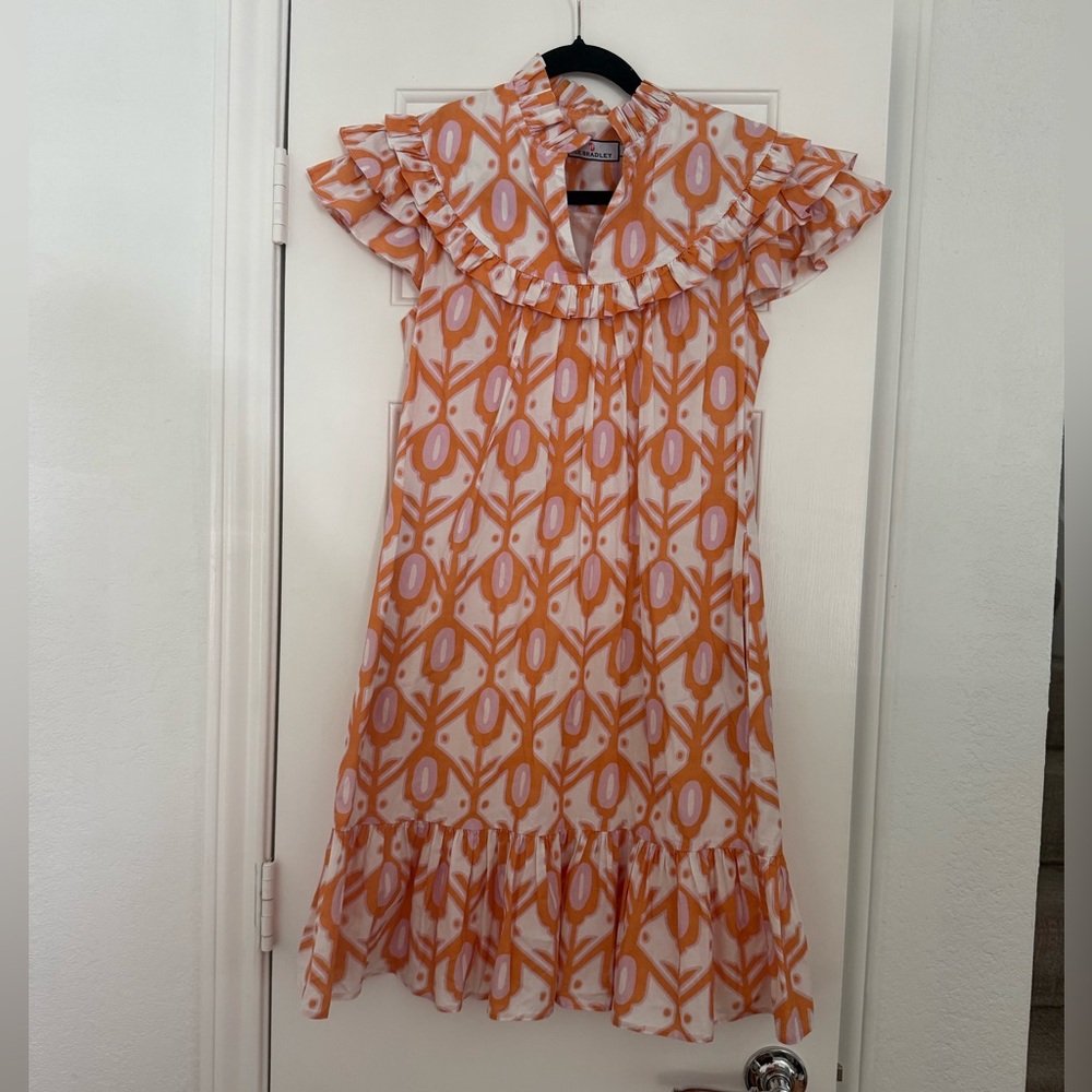CK Bradley Printed Ruffle Collar Dress in White and Orange Size Small